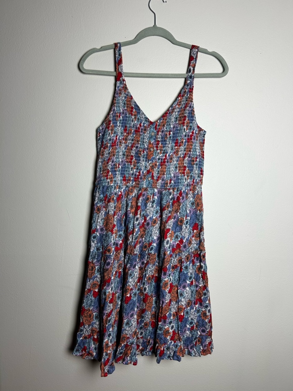 Floral V-Neck Smocked Sundress in Blue and Red